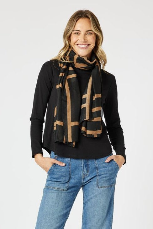 black and caramel scarf with geometric pattern