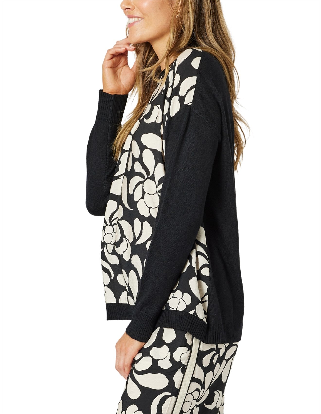 womens knit top with black and white floral contrast long sleeve