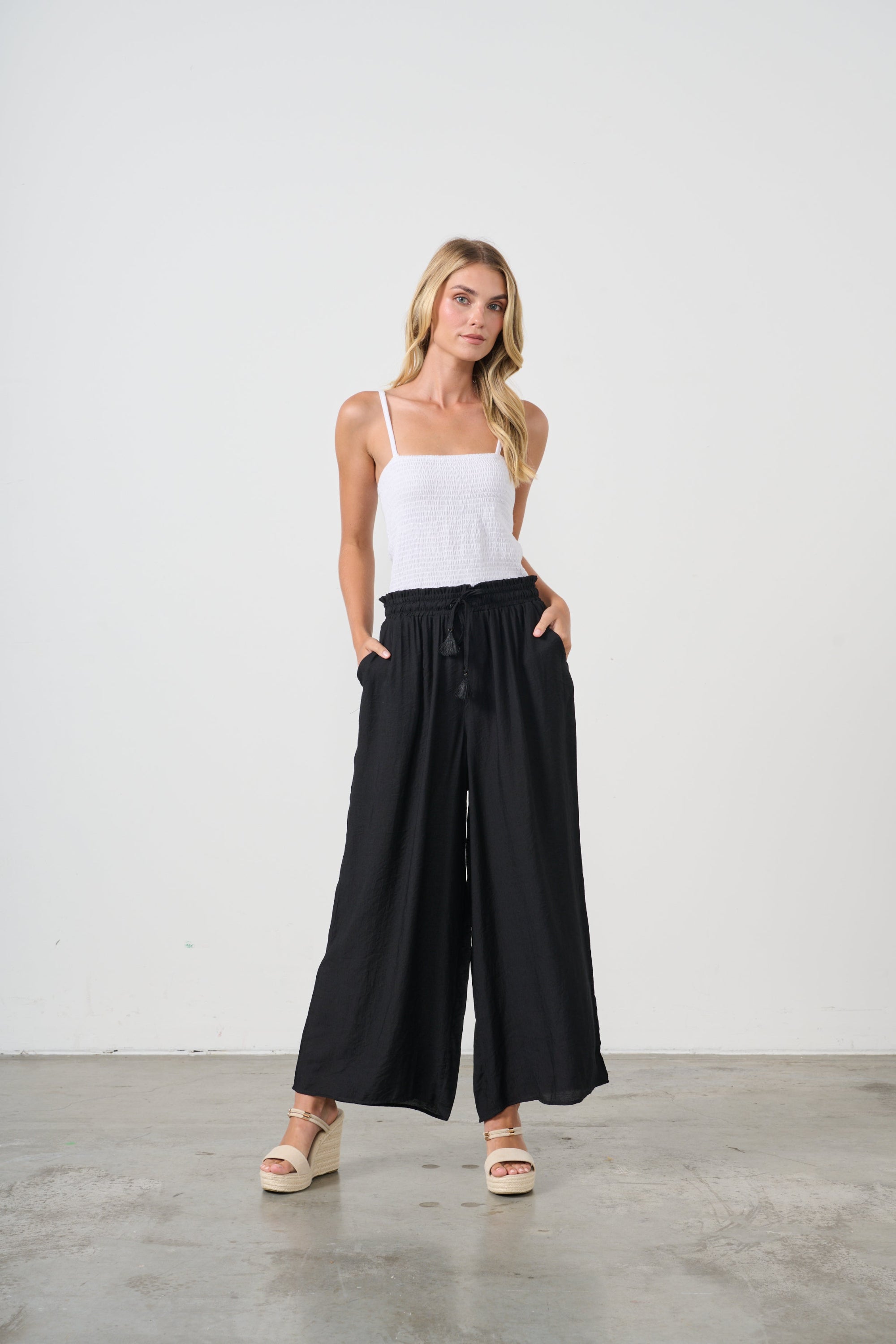 womens wide leg black pants with drawstring worn by model