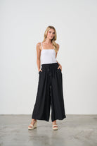 womens wide leg black pants with drawstring worn by model