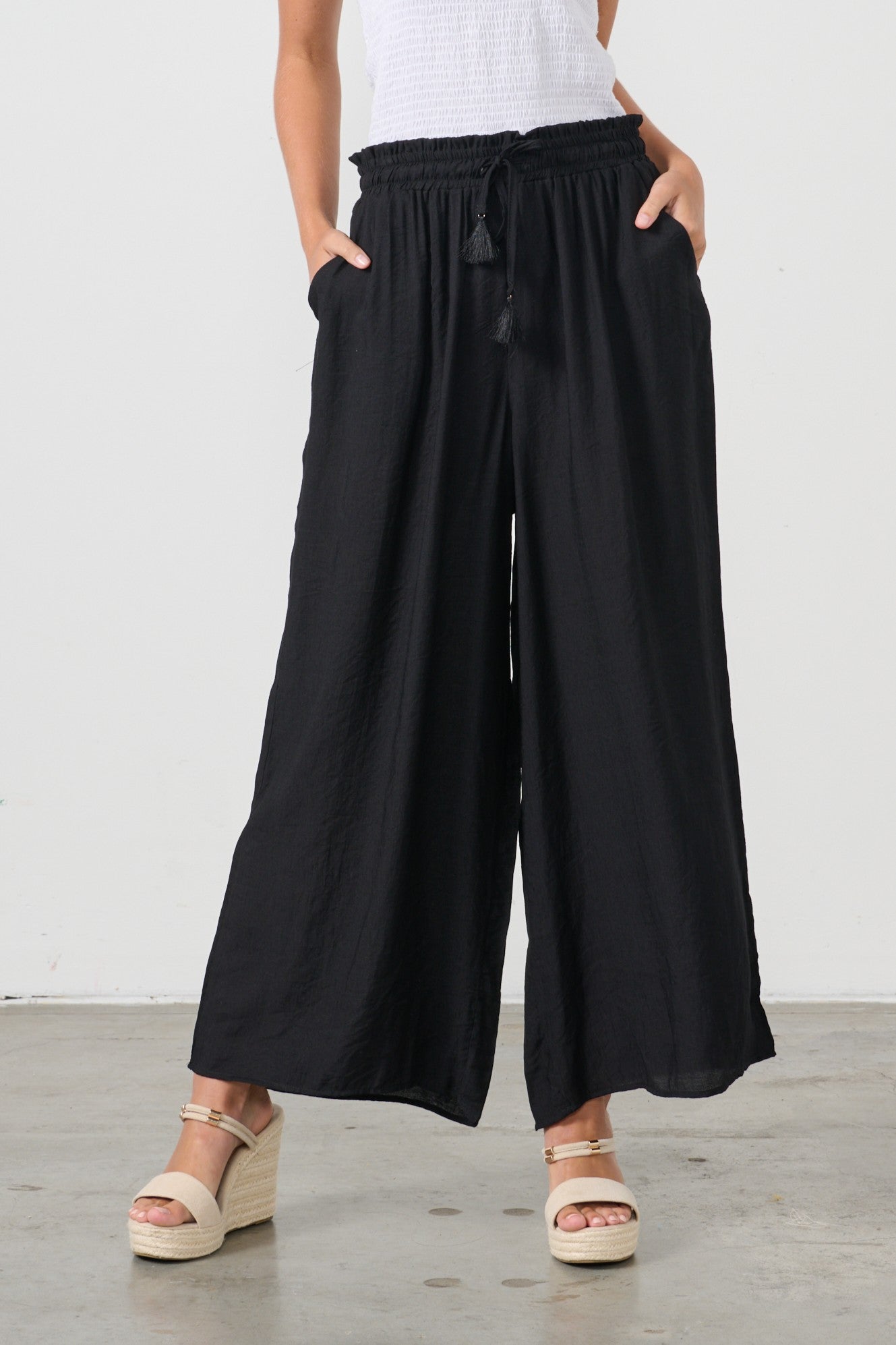 womens wide leg black pants with drawstring worn by model