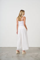 womens wide leg black pants with drawstring worn by model back view