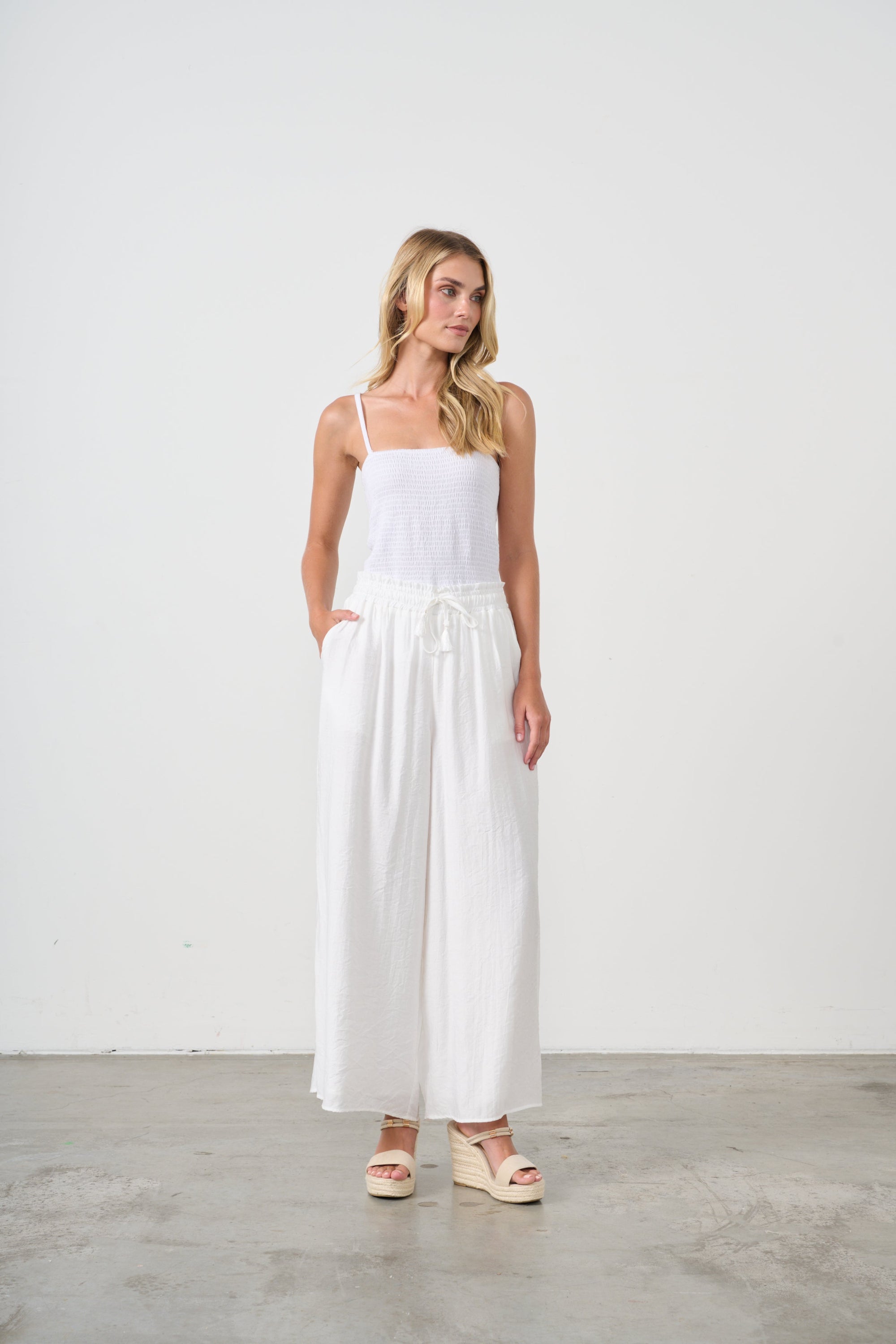 womens wide leg white pants with drawstring worn by model
