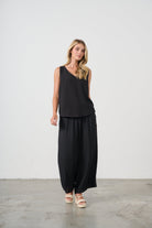 womens wide leg black pants with drawstring worn by model