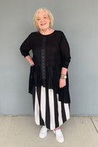 maxi-skirt-gathered-hem-black-white-stripe-plus-size-clothing