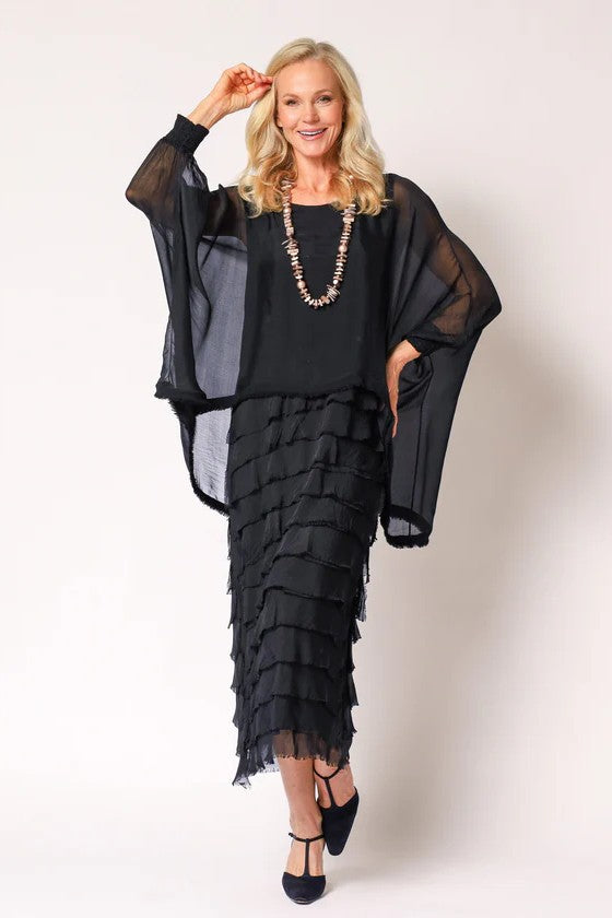 womens special occasion overlay tiered black midi dress