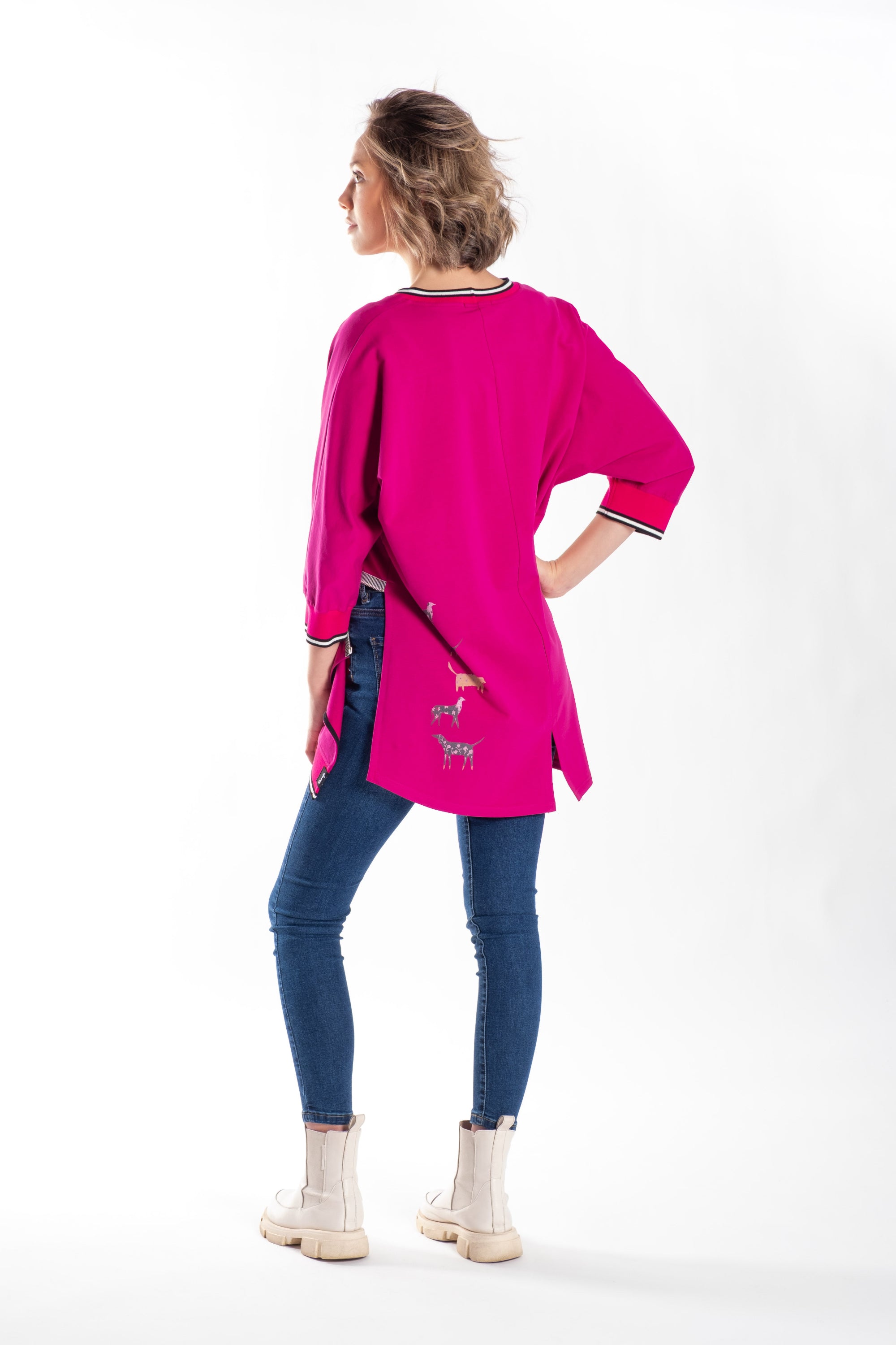 womens pink sweater top with zip detail and small dog print on back back view