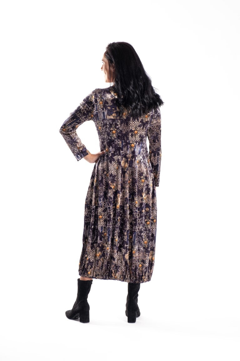 womens midi dress long leeves dark citrus print velvet back view