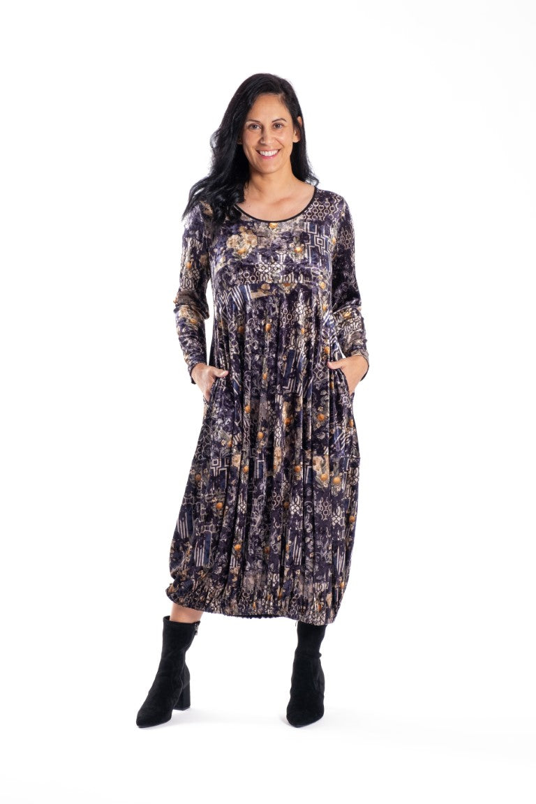 womens midi dress long leeves dark citrus print velvet