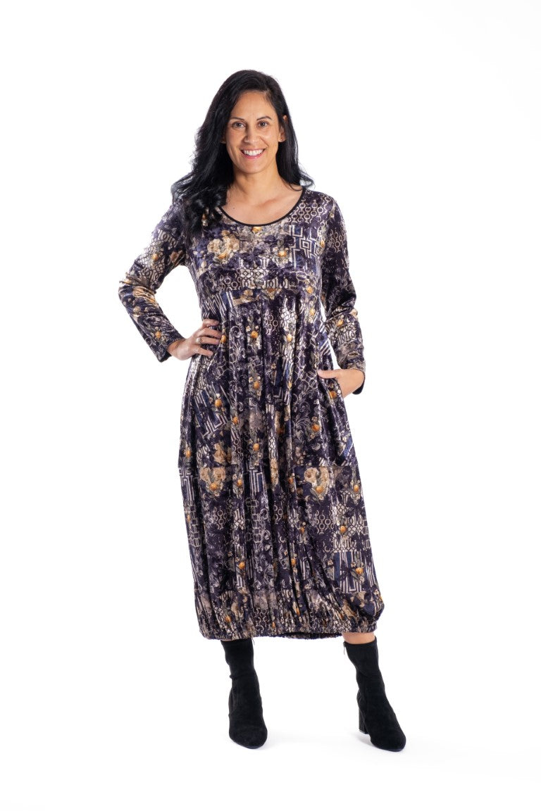 womens midi dress long leeves dark citrus print velvet