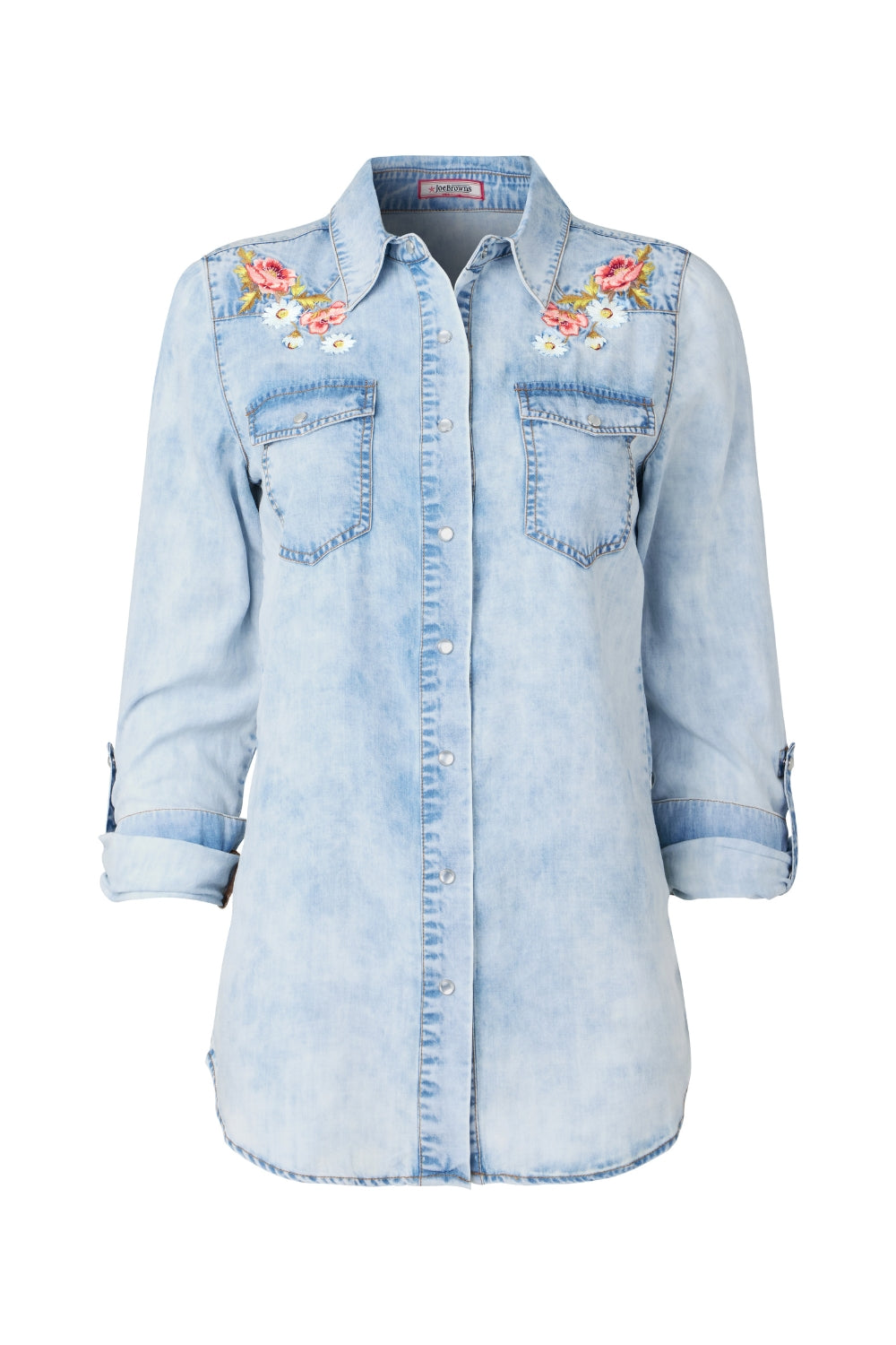 denim shirt floral embroidery clear cut white background
