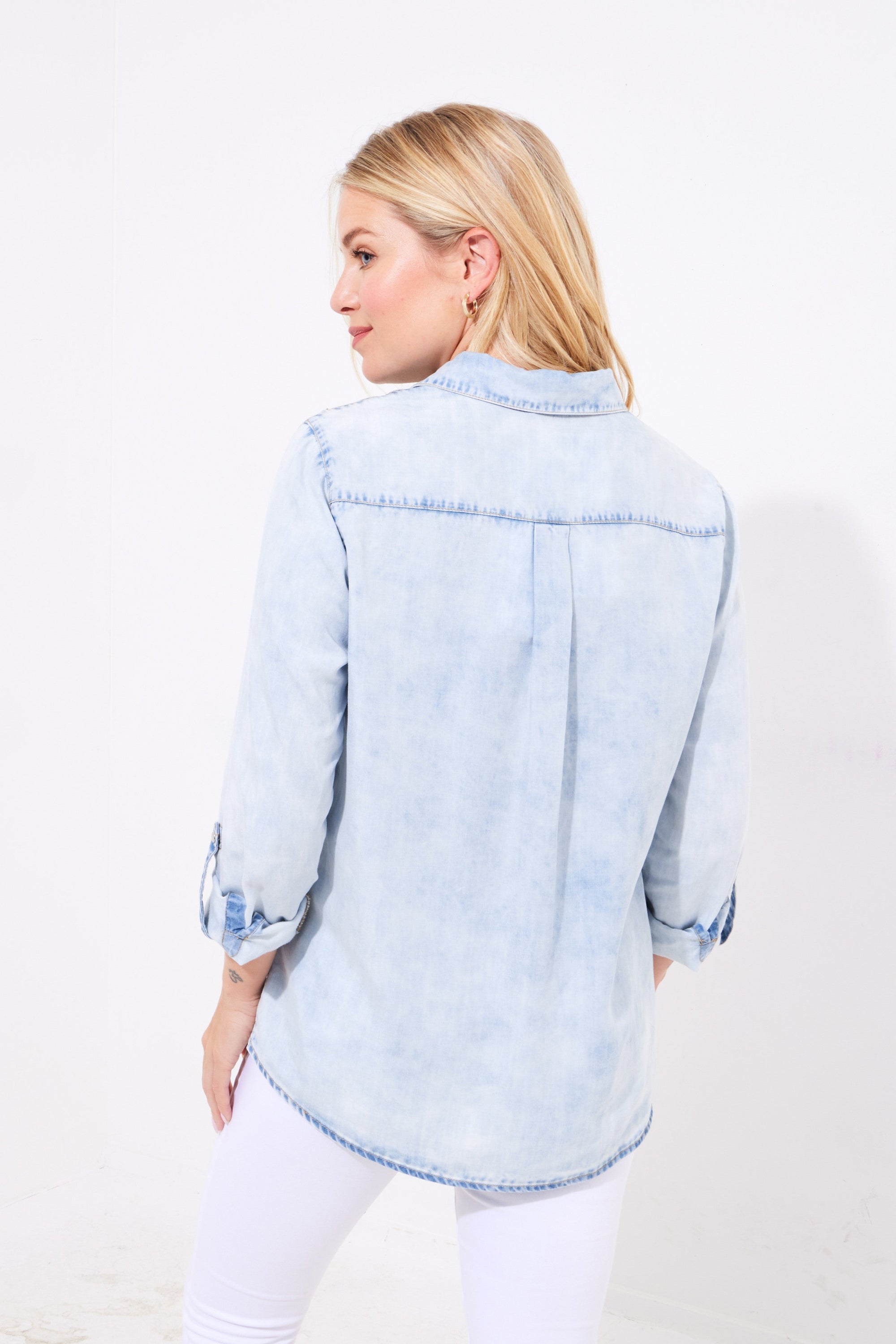 denim shirt floral embroidery worn by model back view