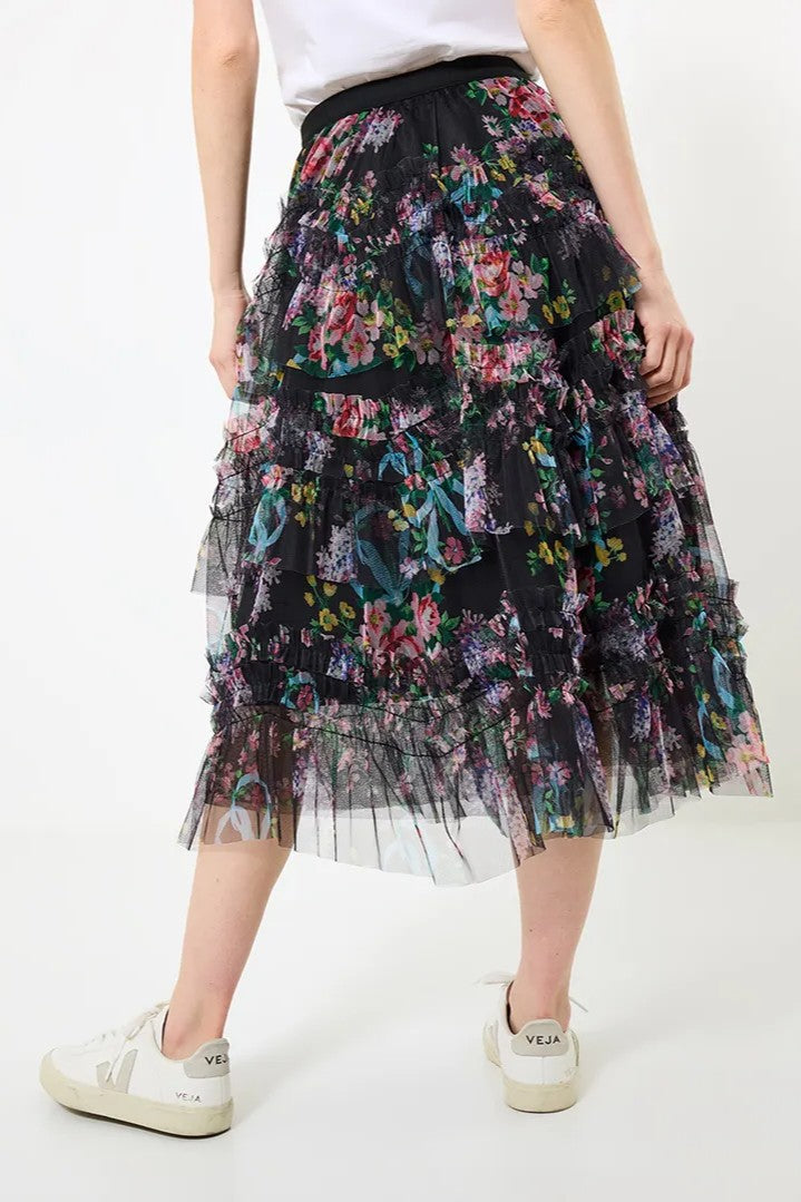 Person wearing a floral tulle skirt on a white background back