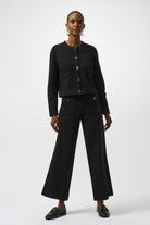 womens wide leg black pant front button pockets worn by model