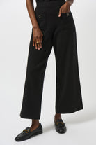 womens wide leg black pant front button pockets worn by model