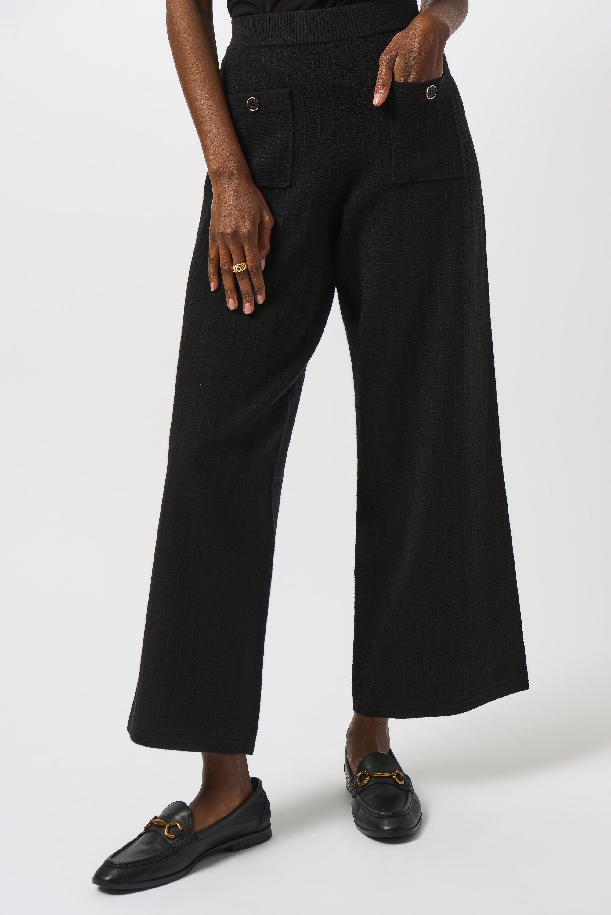 womens wide leg black pant front button pockets worn by model