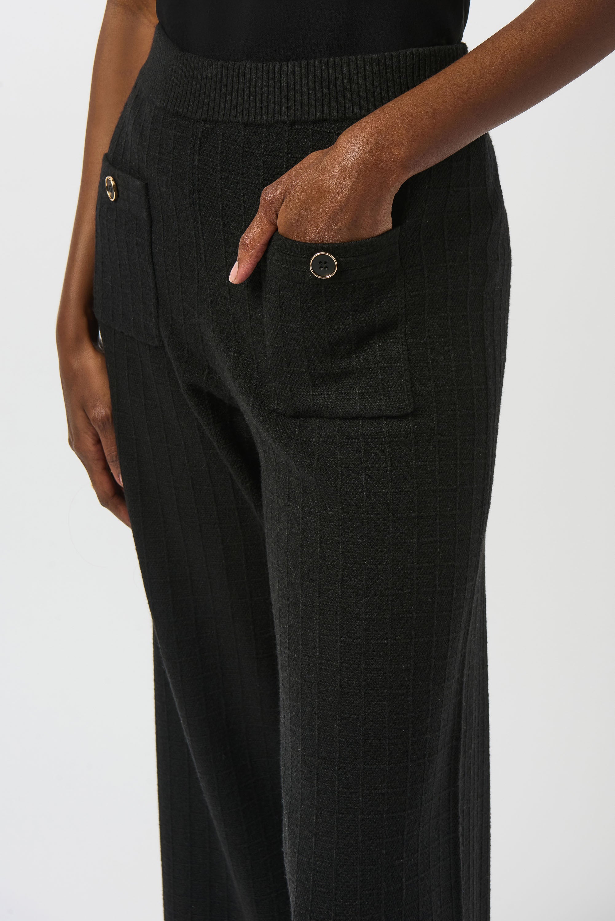 womens wide leg black pant front button pockets worn by model