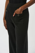 womens wide leg black pant front button pockets worn by model