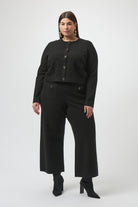 womens wide leg black pant front button pockets worn by model