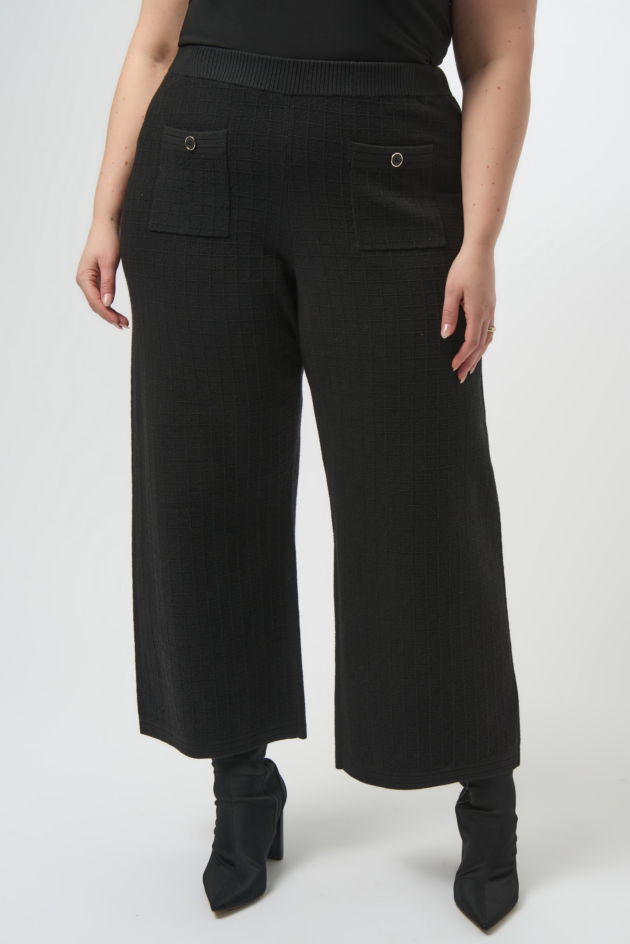 womens wide leg black pant front button pockets worn by model