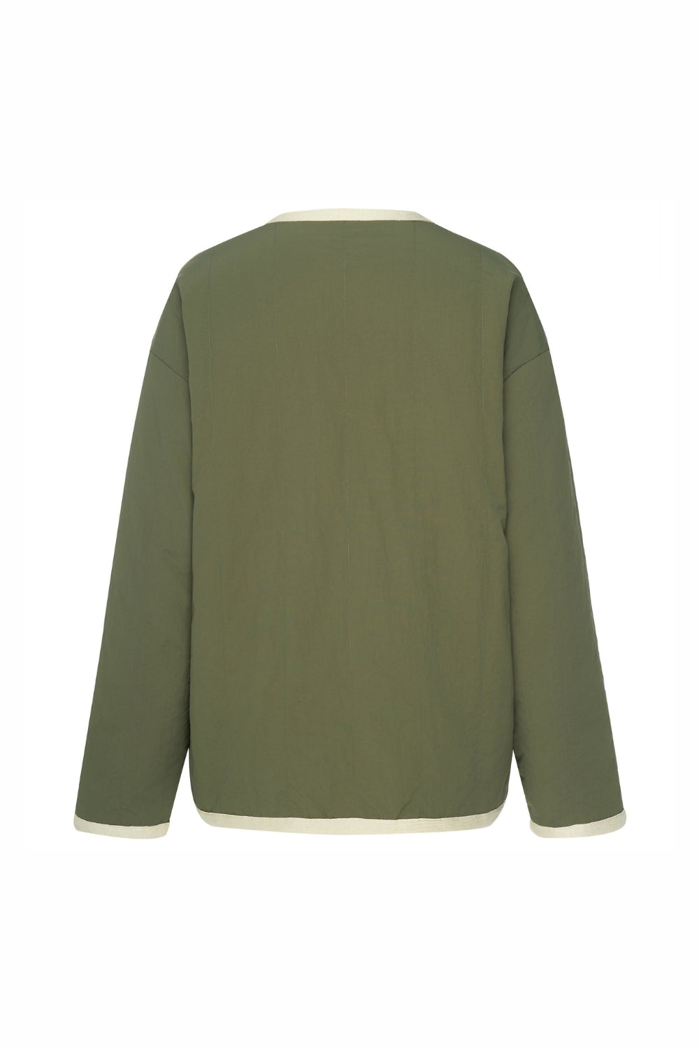 olive green and cream jacket on white background back angle