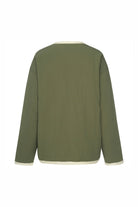 olive green and cream jacket on white background back angle