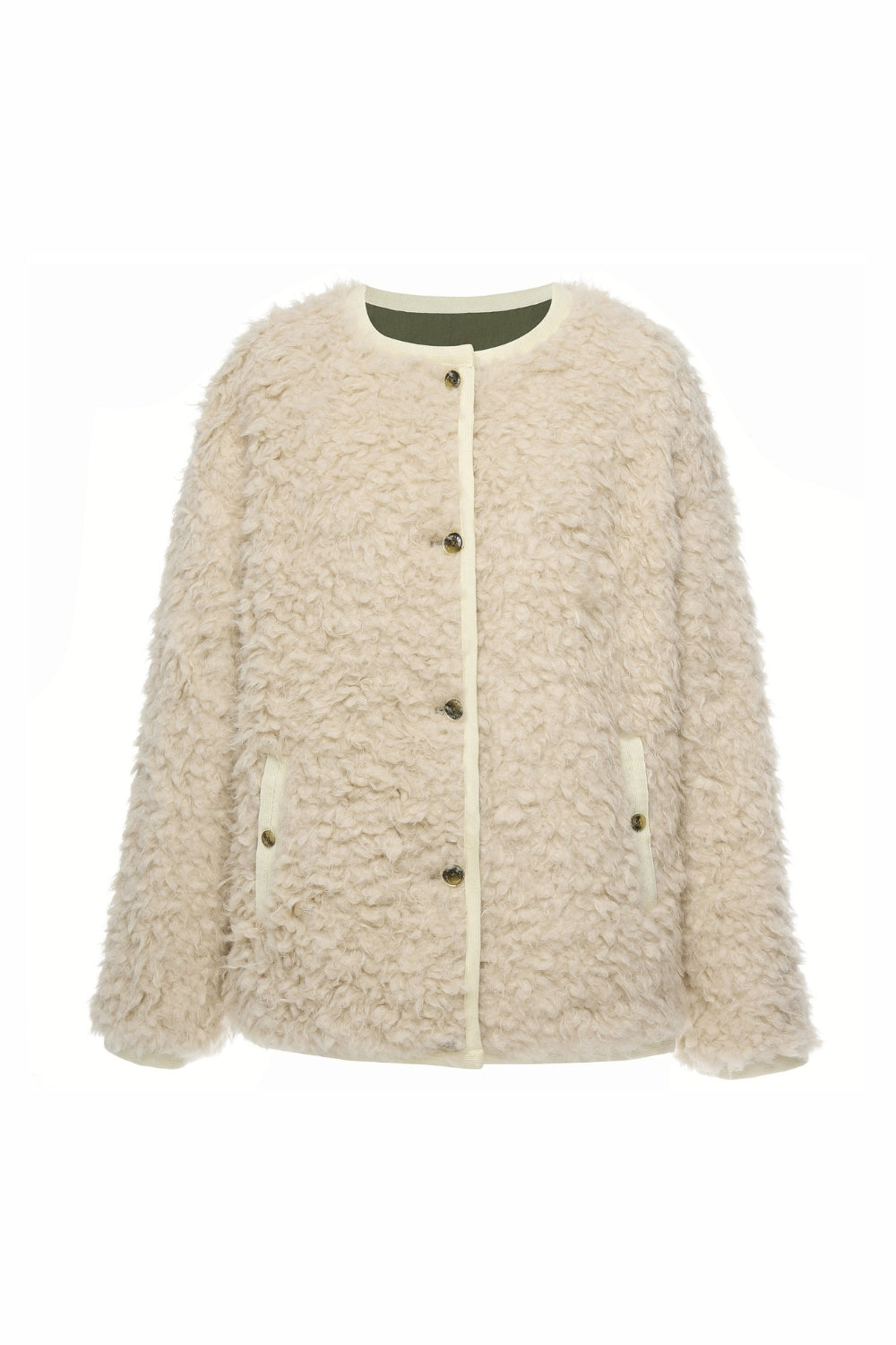 cream shearling jacket on white background