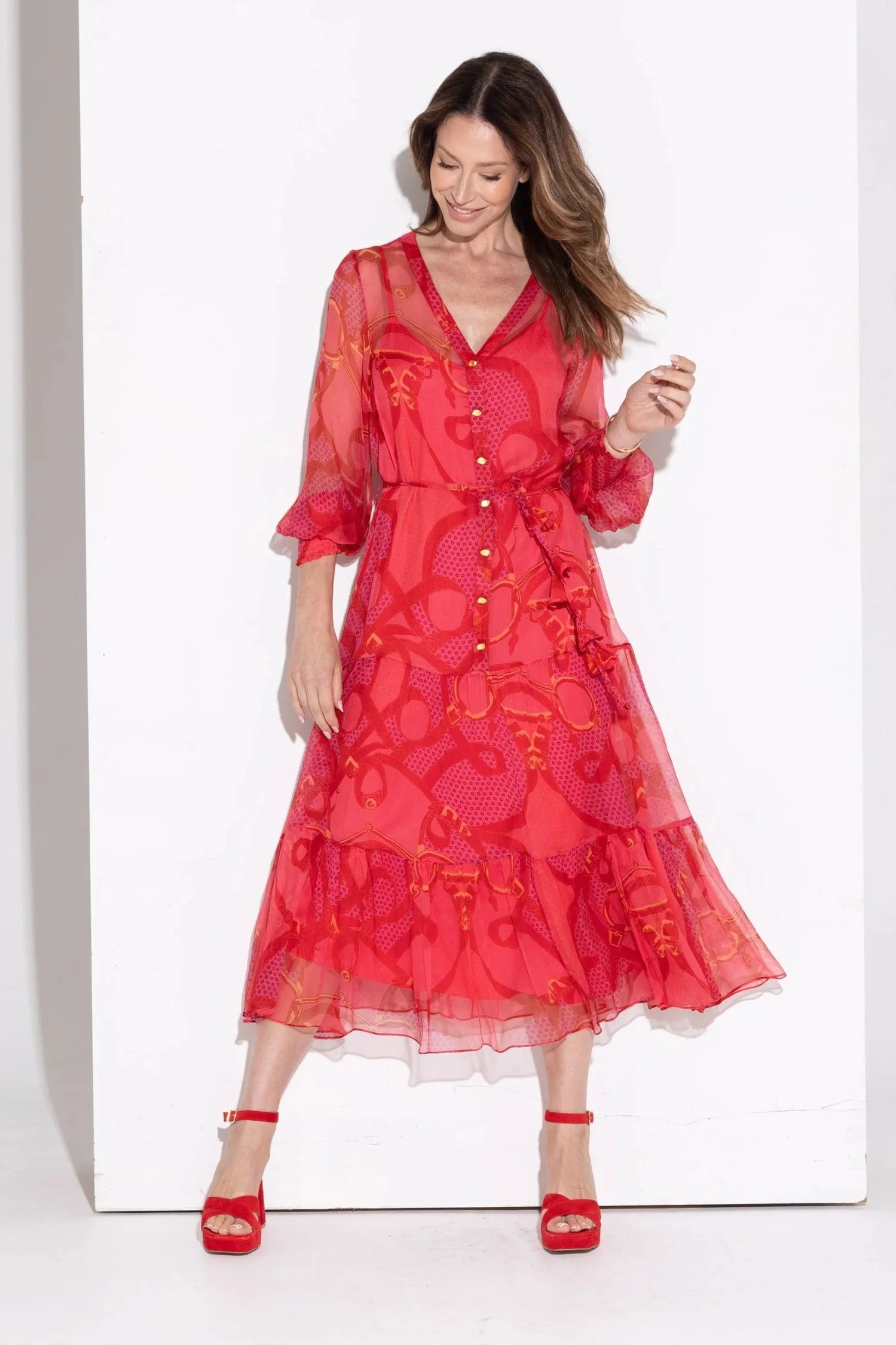 midi maxi dress silk red print special occasion worn by model