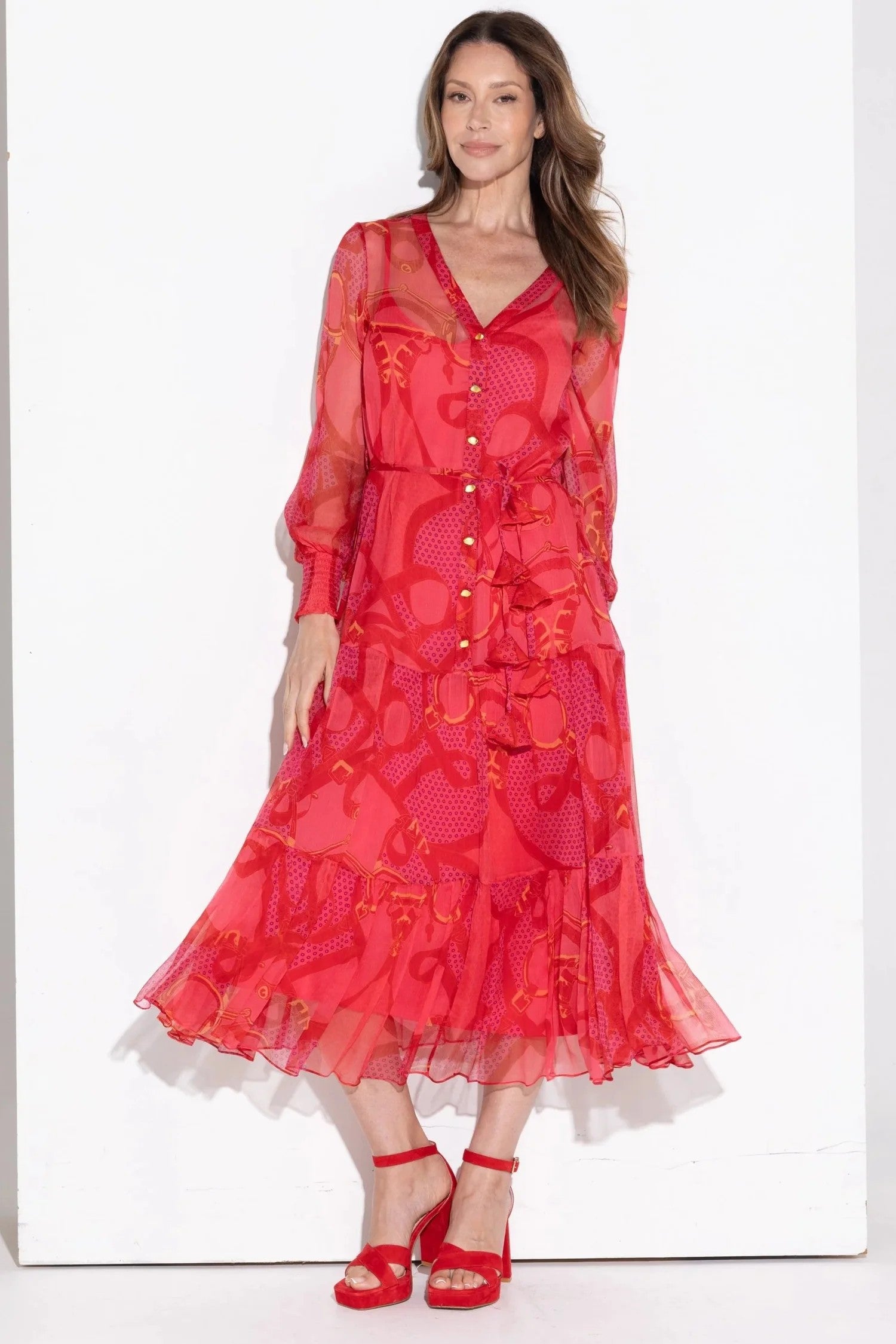 midi maxi dress silk red print special occasion worn by model