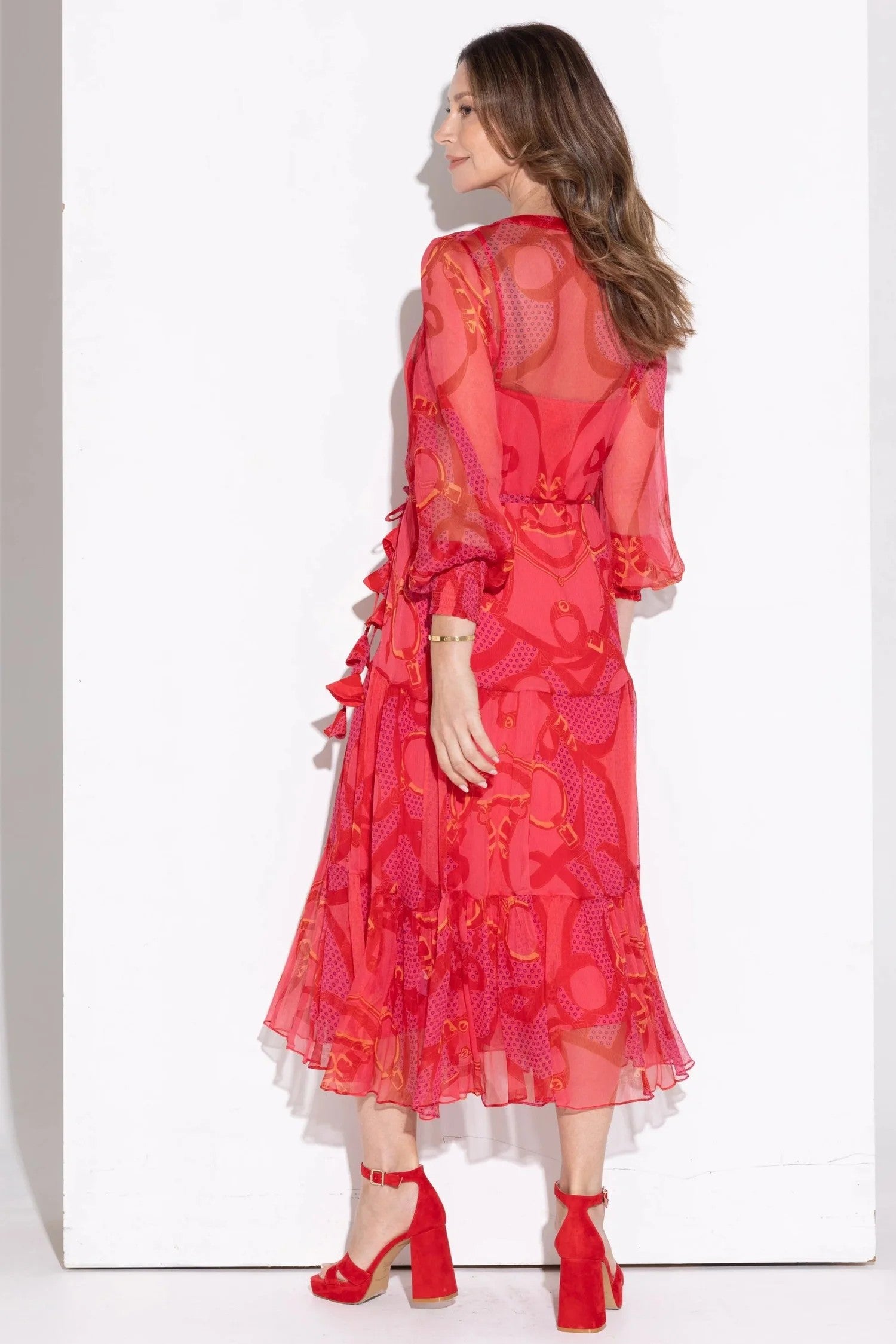 midi maxi dress silk red print special occasion worn by model back view