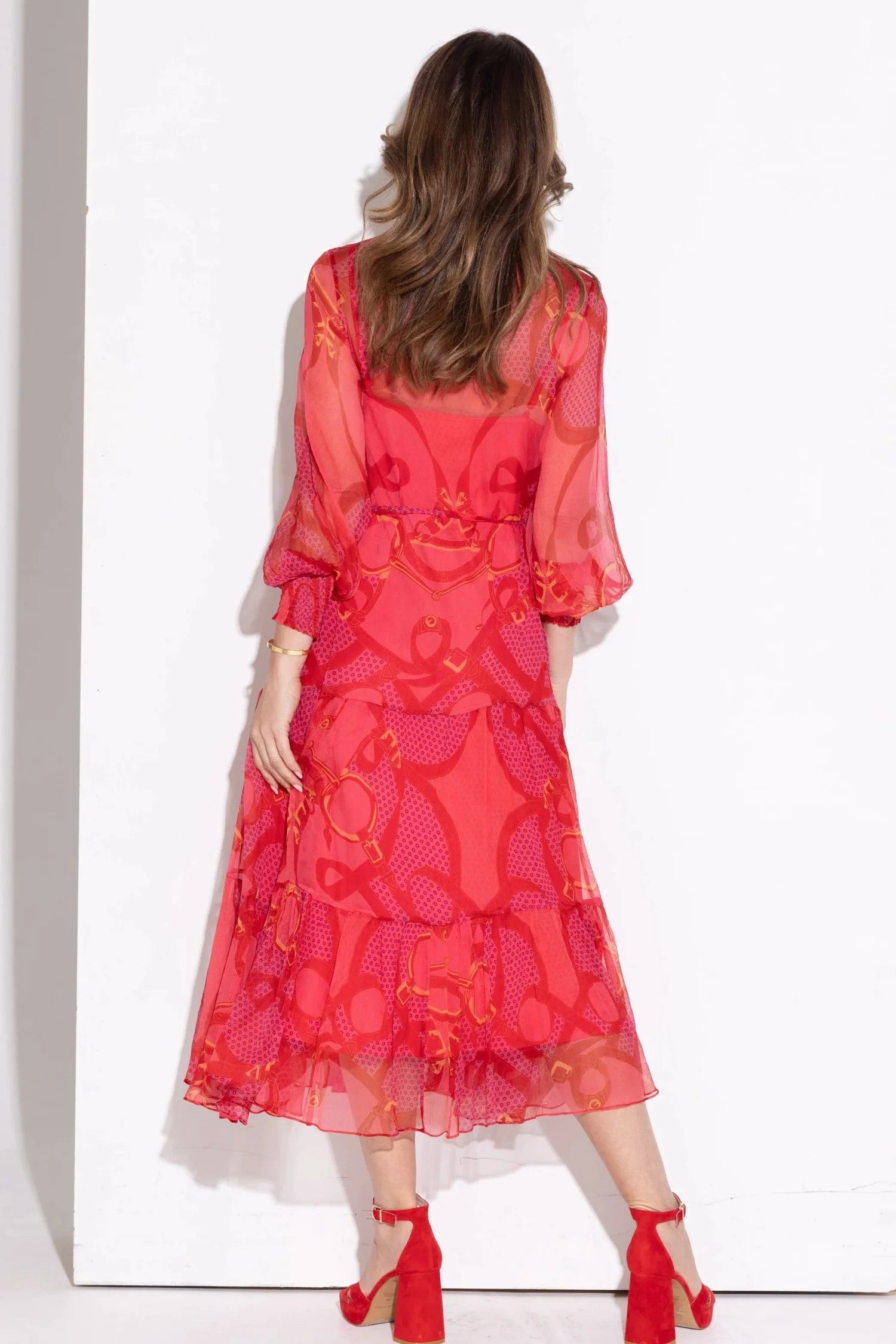 midi maxi dress silk red print special occasion worn by model back view