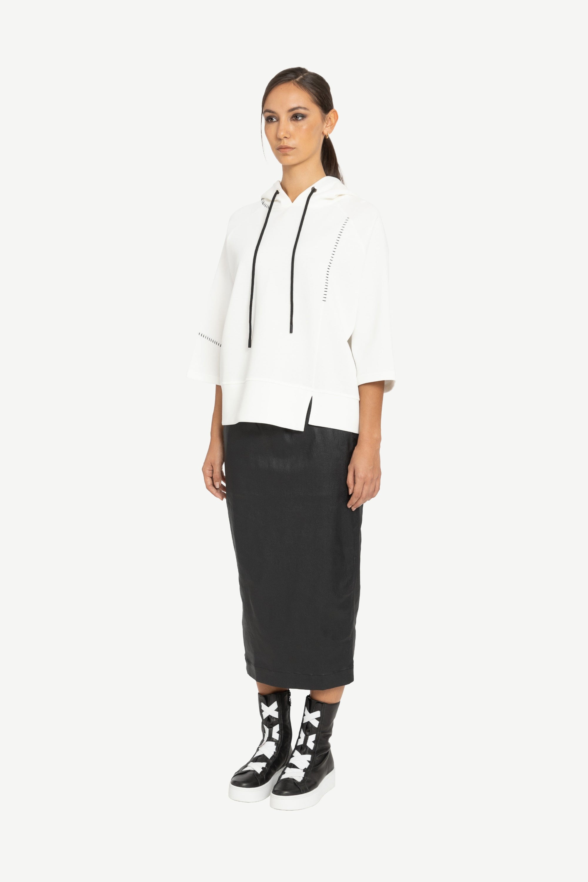 womens relaxed hoodie black detailing white