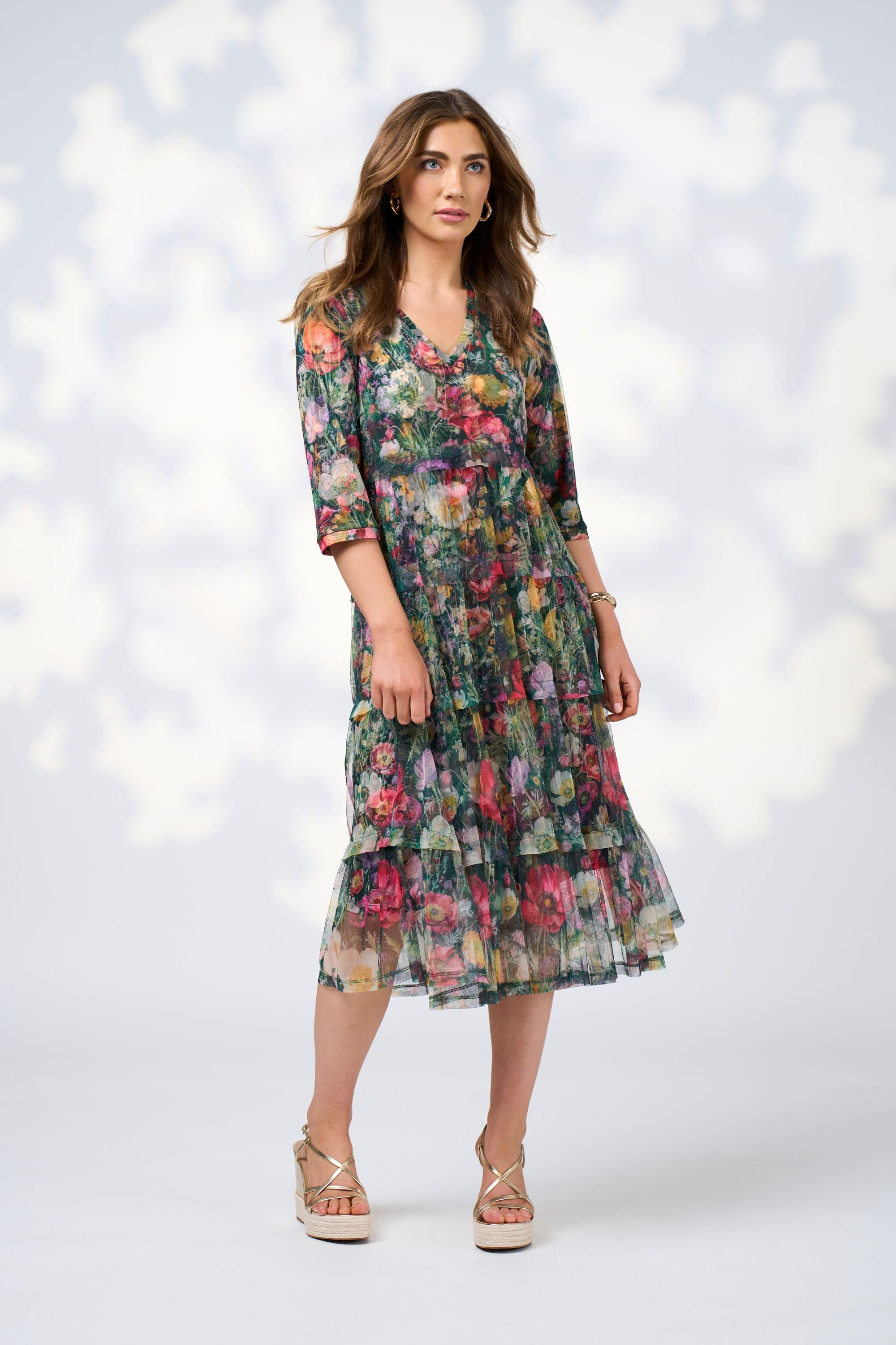 floral tulle layer midi dress worn by model 