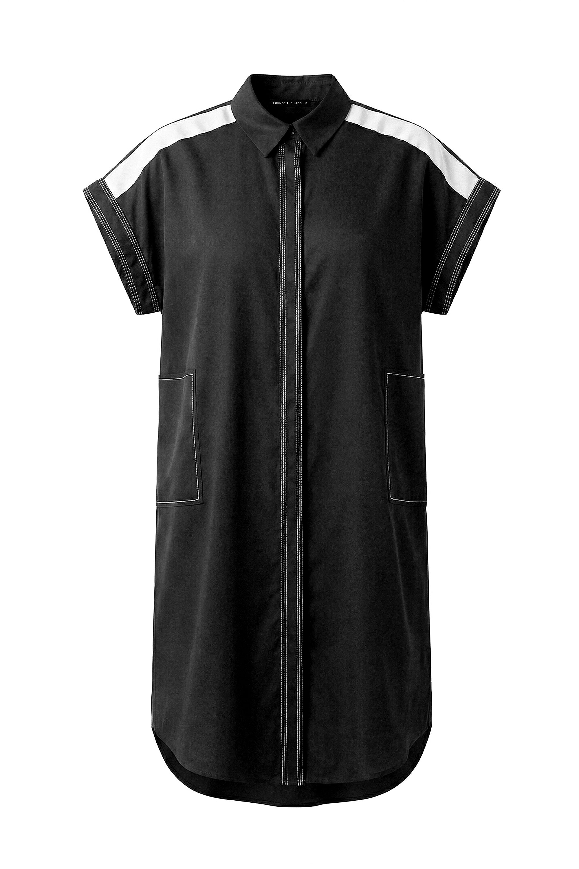 A black short-sleeve button-up shirt dress with white contrast panels on the shoulders and white piping details, shown against a plain white background.