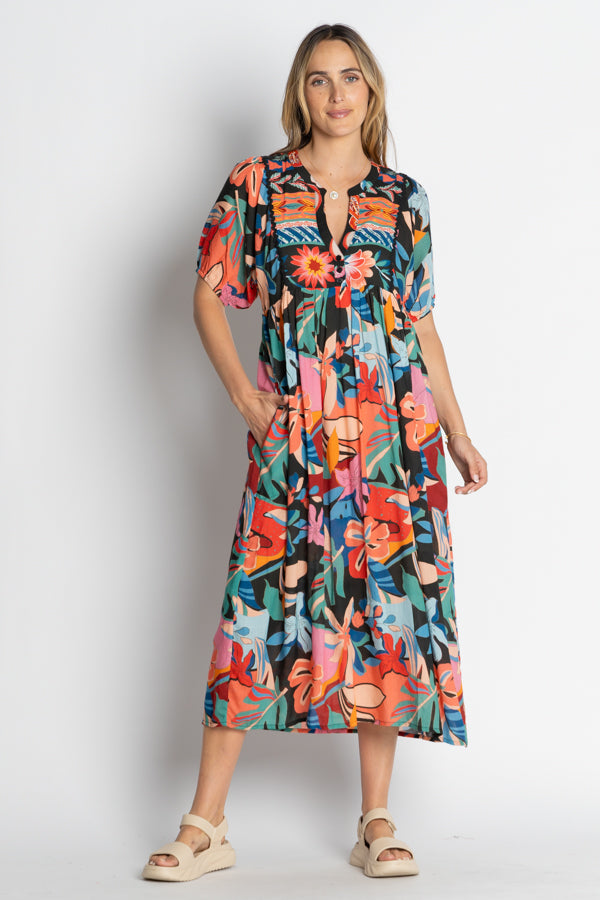 multi floral print midi maxi dress worn by model