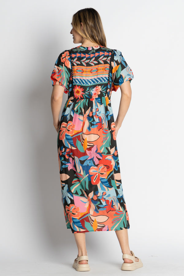 multi floral print midi maxi dress worn by model back