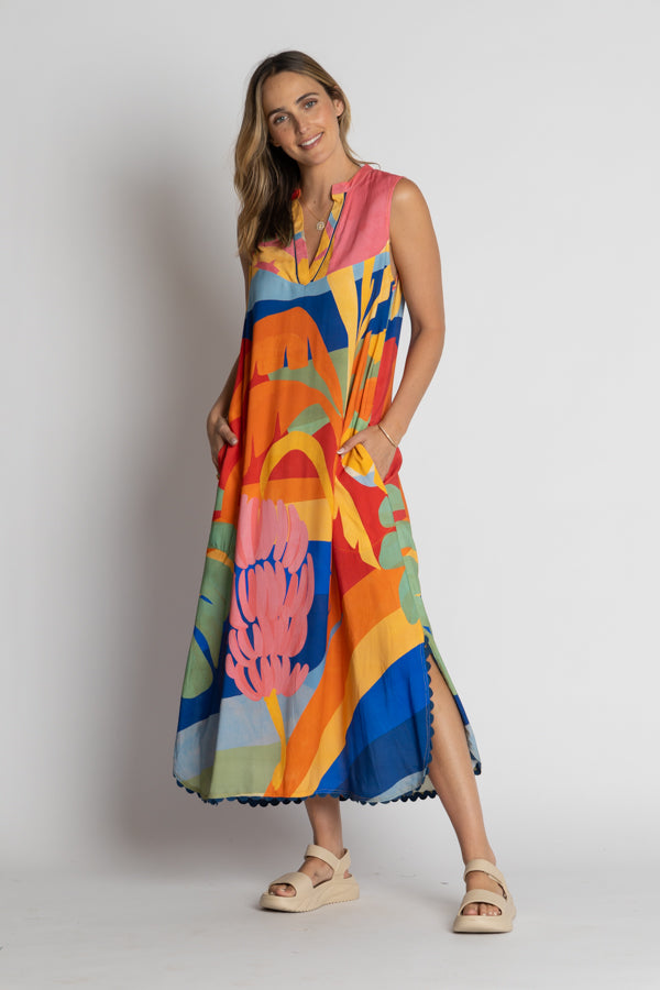 model wearing multi colour sleeveless maxi dress