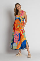 model wearing multi colour sleeveless maxi dress