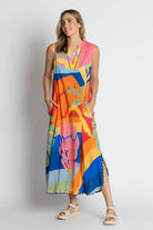 model wearing multi colour sleeveless maxi dress