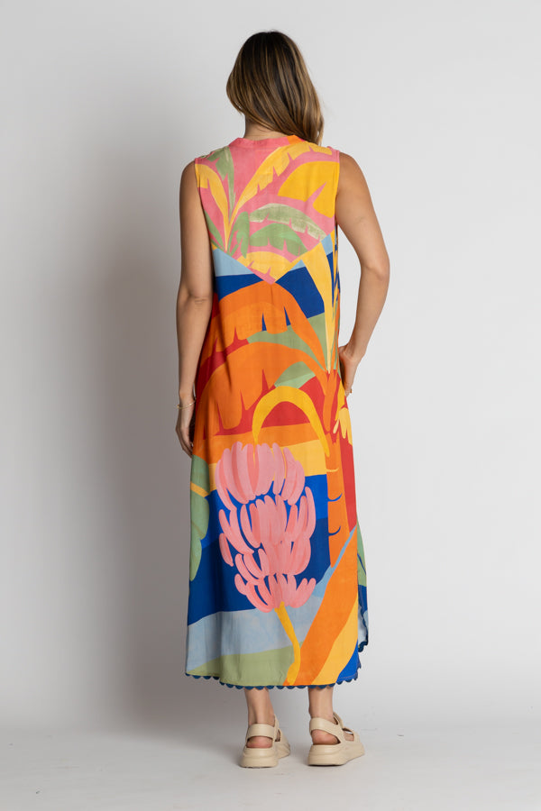 model wearing multi colour sleeveless maxi dress back
