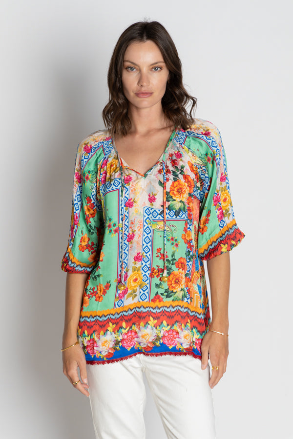 floral geometric multi colour blouse worn by model