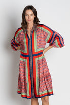 womens midi dress with multi colour geometric print worn by model