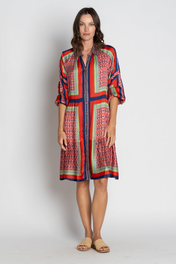 womens midi dress with multi colour geometric print worn by model