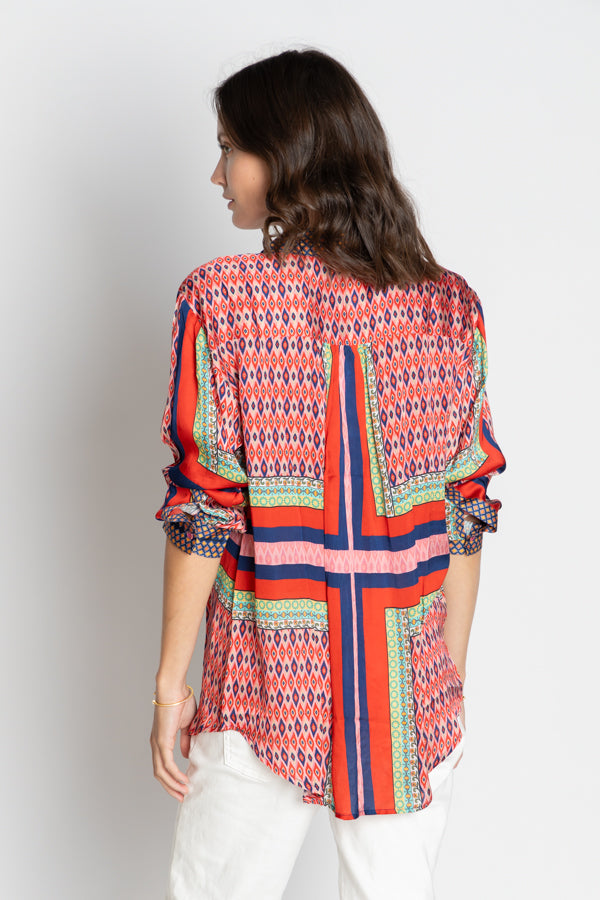 womens relaxed blouse geometric print multi colour worn by model back view