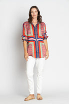 womens relaxed blouse geometric print multi colour worn by model