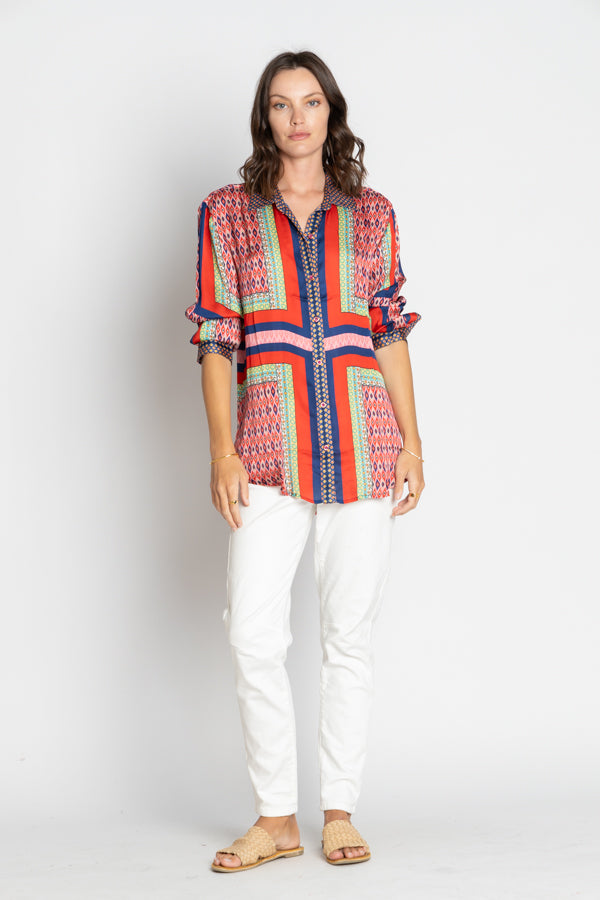 womens relaxed blouse geometric print multi colour worn by model
