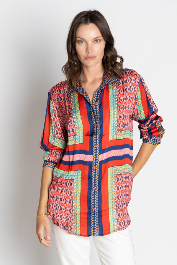 womens relaxed blouse geometric print multi colour worn by model