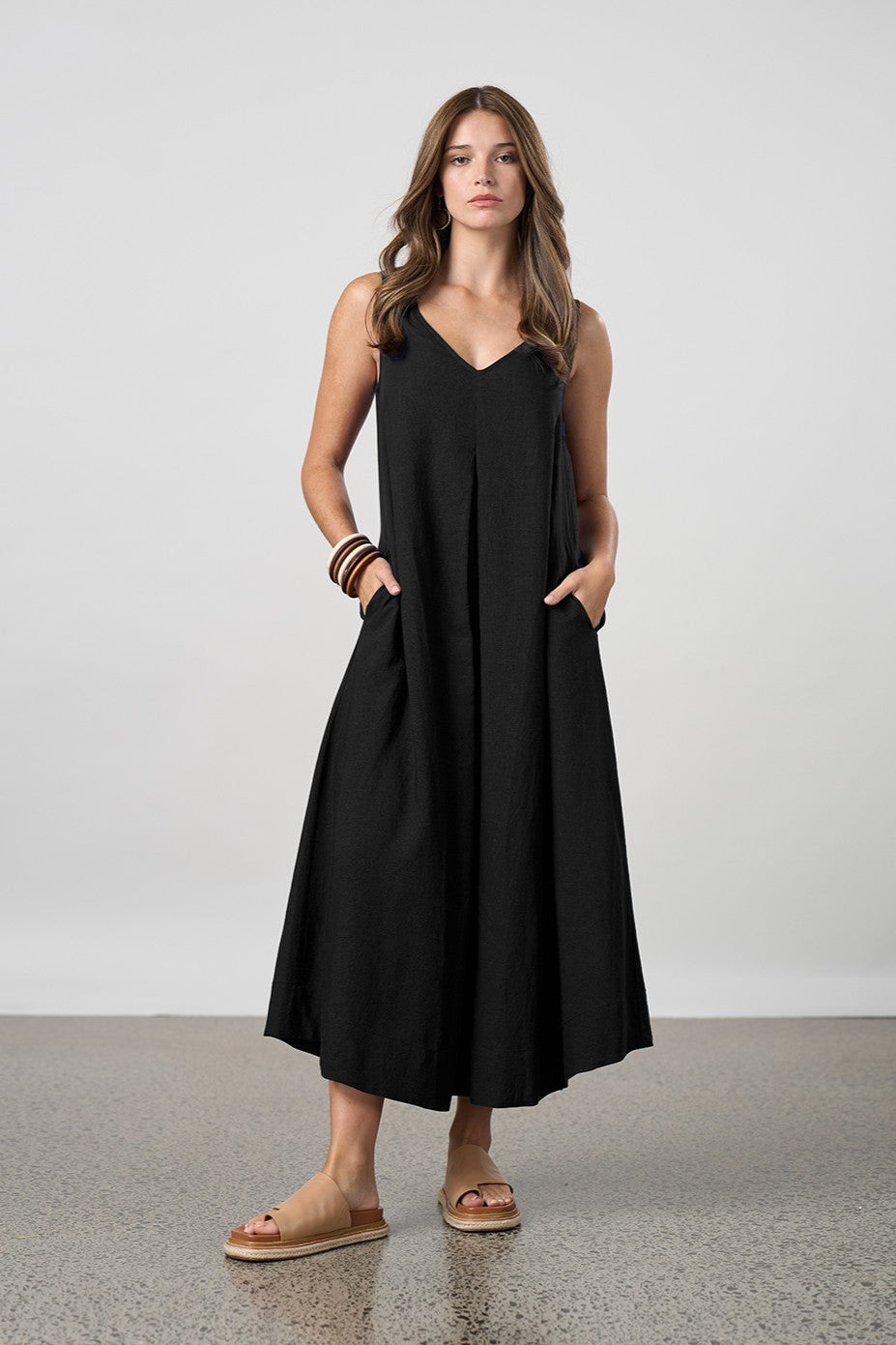 pleat maxi dress black worn by model 