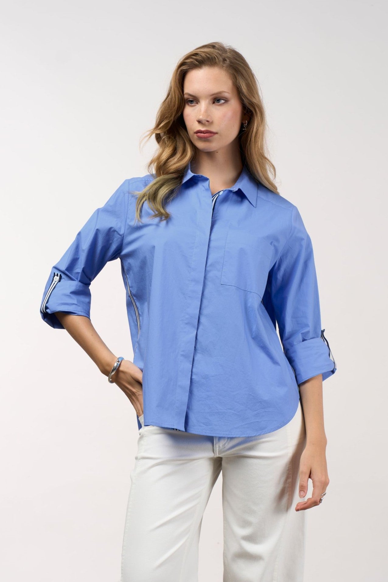 womens shirt blue with stripe trims worn by model 