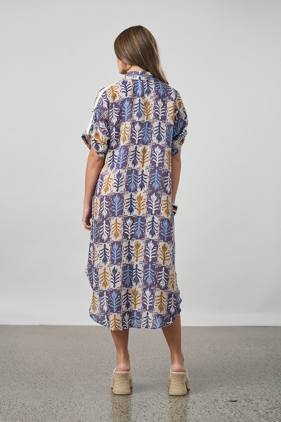 patchwork button through shirt dress worn by model back view